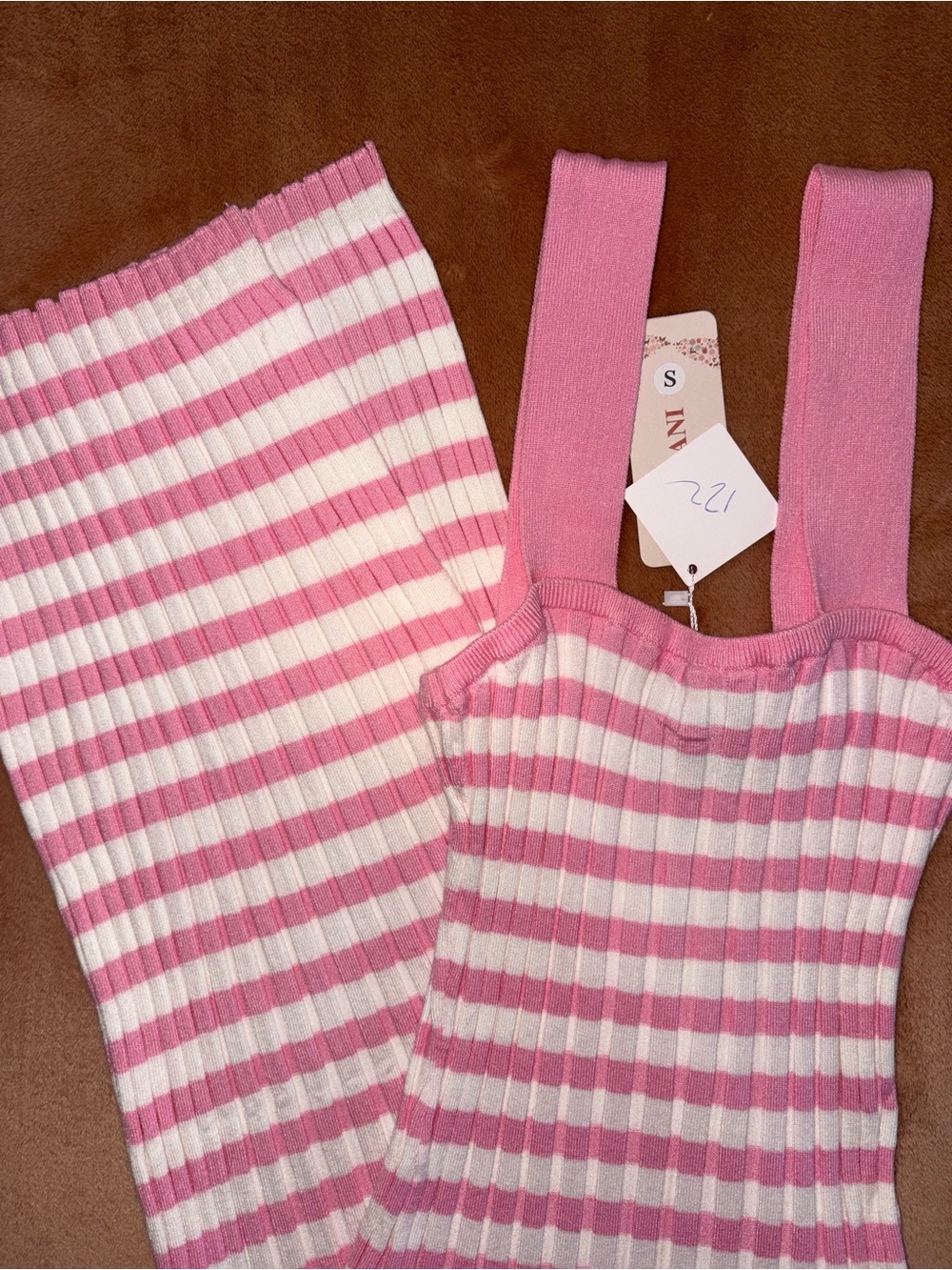 Pink and White Striped Ribbed Midi Dress - Sleeveless Knit